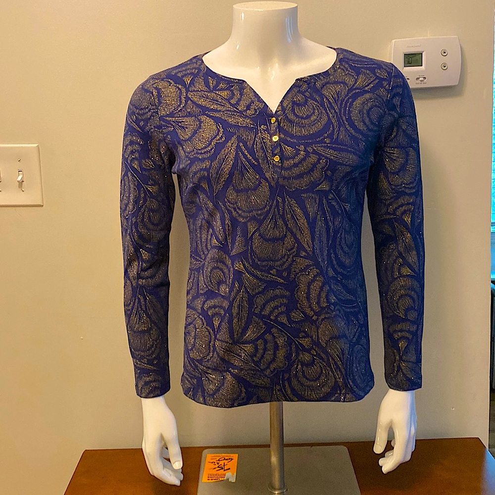 Elegant Karen Scott, Navy Blue, Gold Designed, Long Sleeve Shirt.
